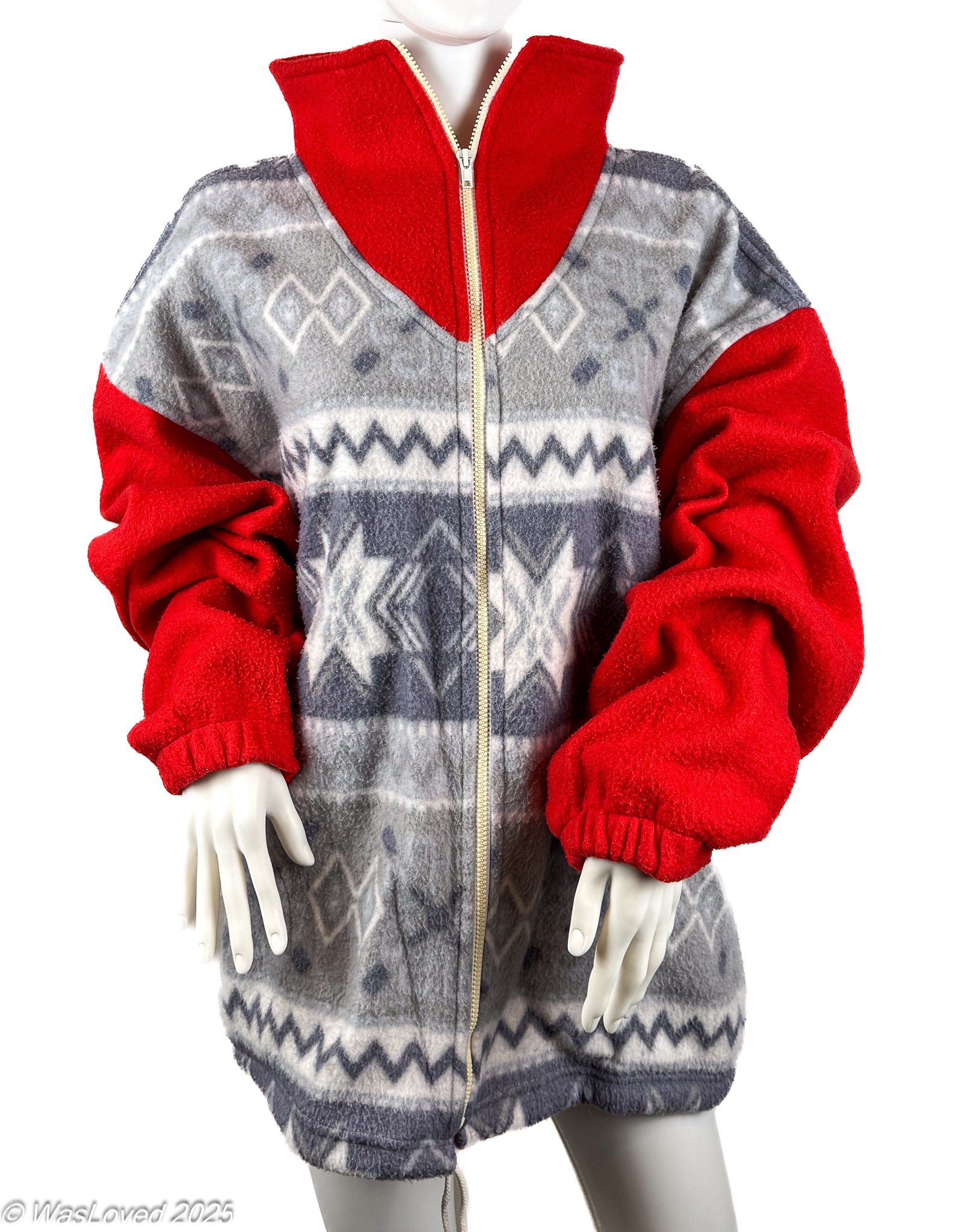 Pre-worn Red Sleeve Nordic Pattern Fleece Zip Jacket – Unisex 4XL (Oversized)