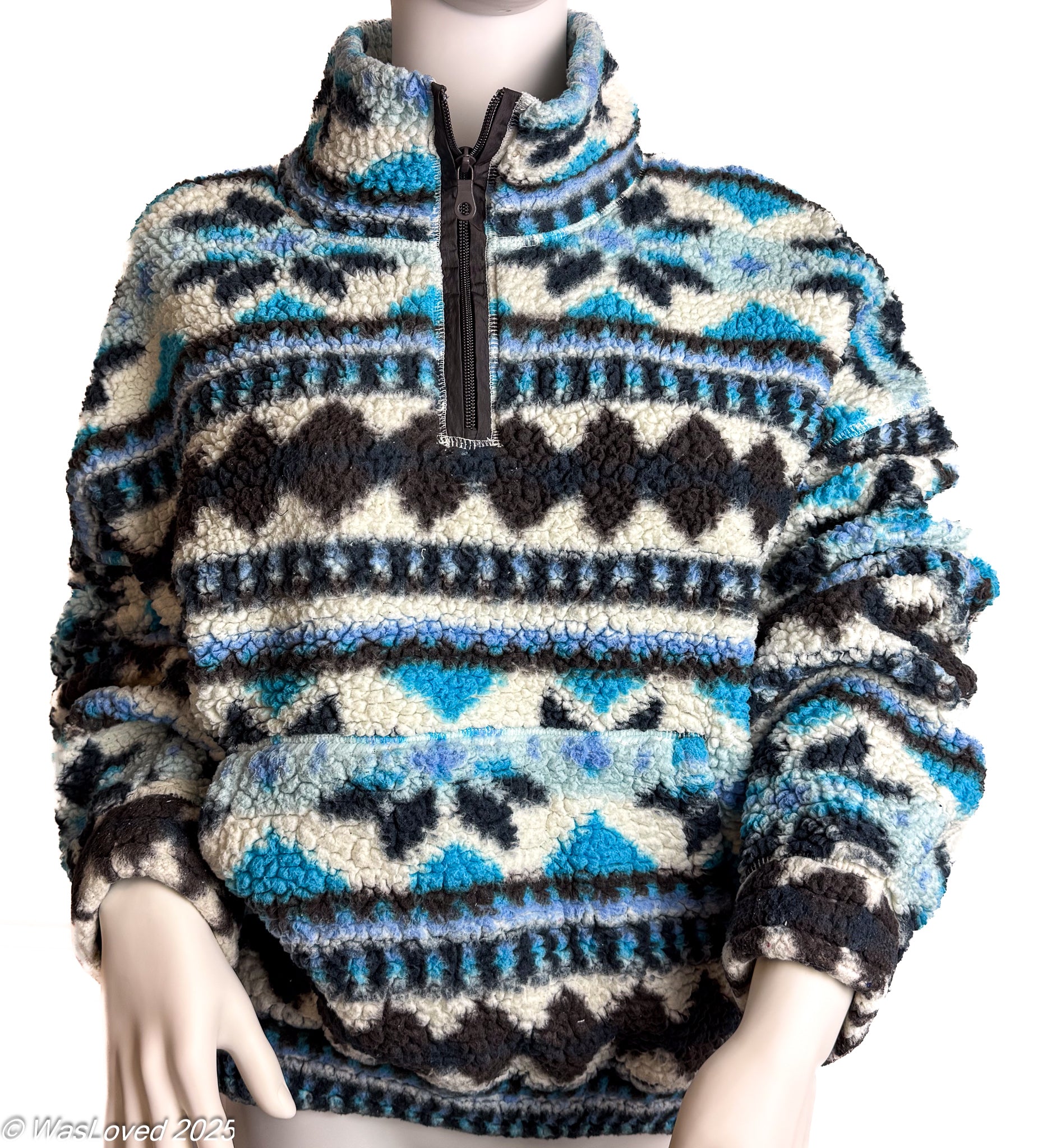 Pre-worn Blue & Black Patterned Sherpa-Style Fleece – OFFLINE by Aerie – Unisex XXL (Based on Measurements)