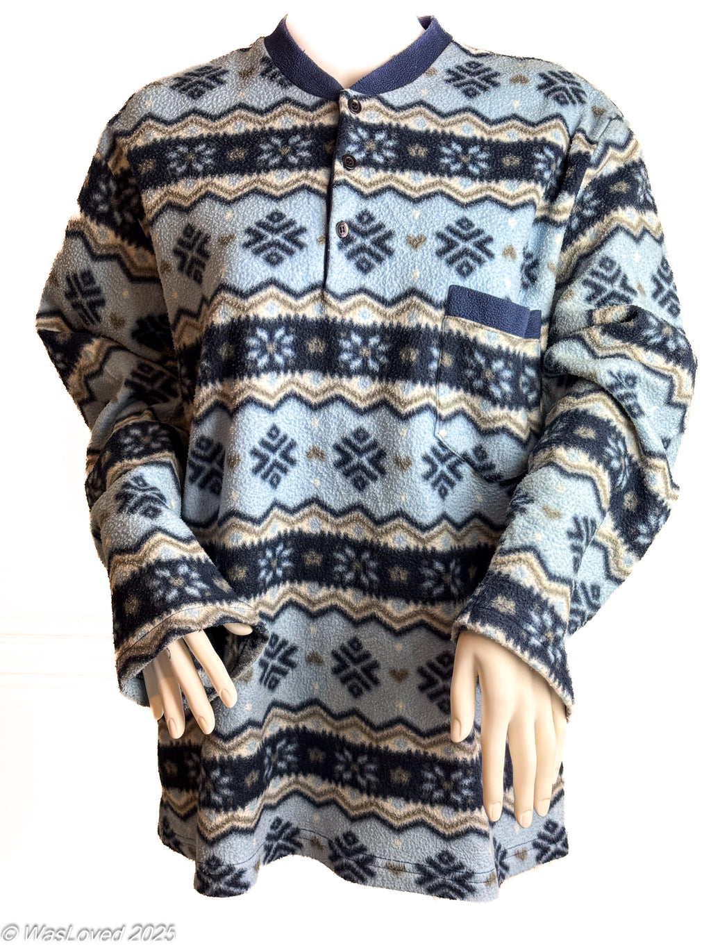 Pre-worn Blue Nordic Pattern Fleece  Pullover Style  Size: Unisex XL (Based on Measurements)
