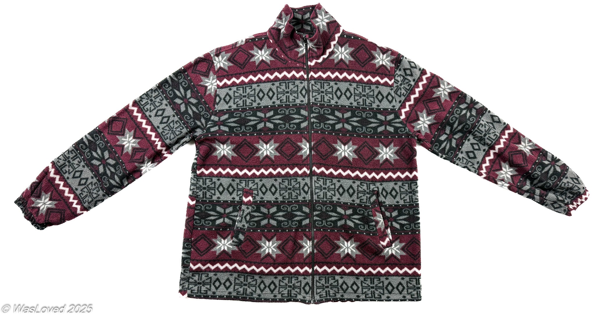 Pre-worn Vintage Nordic Pattern Fleece Jacket – Burgundy/Grey – 60cm Pit-to-Pit (XL / Unisex XXL Fit). Please read below for condition.