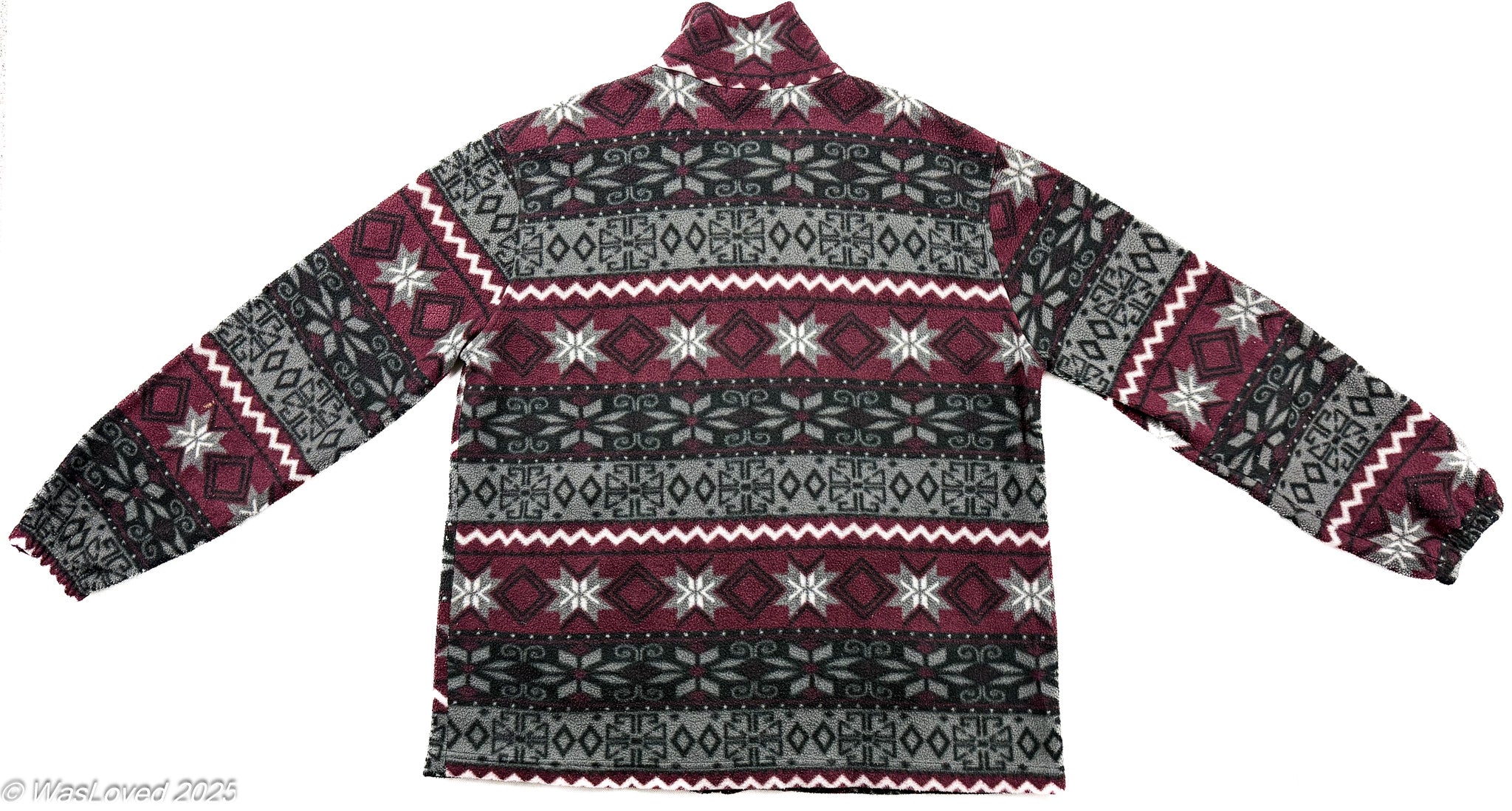 Pre-worn Vintage Nordic Pattern Fleece Jacket – Burgundy/Grey – 60cm Pit-to-Pit (XL / Unisex XXL Fit). Please read below for condition.