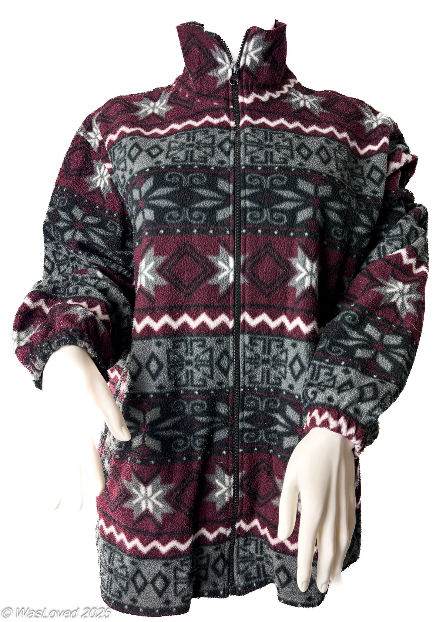 Pre-worn Vintage Nordic Pattern Fleece Jacket – Burgundy/Grey – 60cm Pit-to-Pit (XL / Unisex XXL Fit). Please read below for condition.