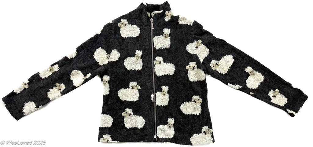 Pre-worn Black Sheep Pattern Fleece Zip Jacket – Unbranded – Polyester – Unisex Size M (recommended based on measurements)