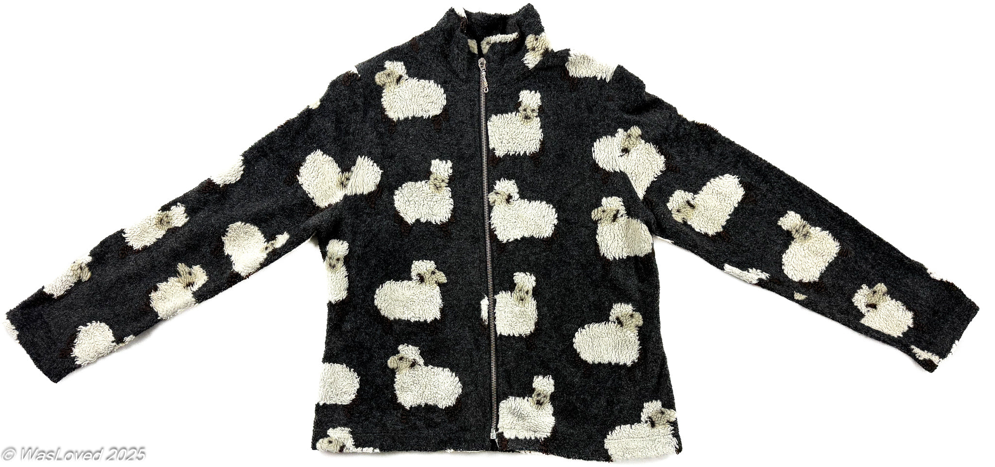 Pre-worn Black Sheep Pattern Fleece Zip Jacket – Unbranded – Polyester – Unisex Size M (recommended based on measurements)