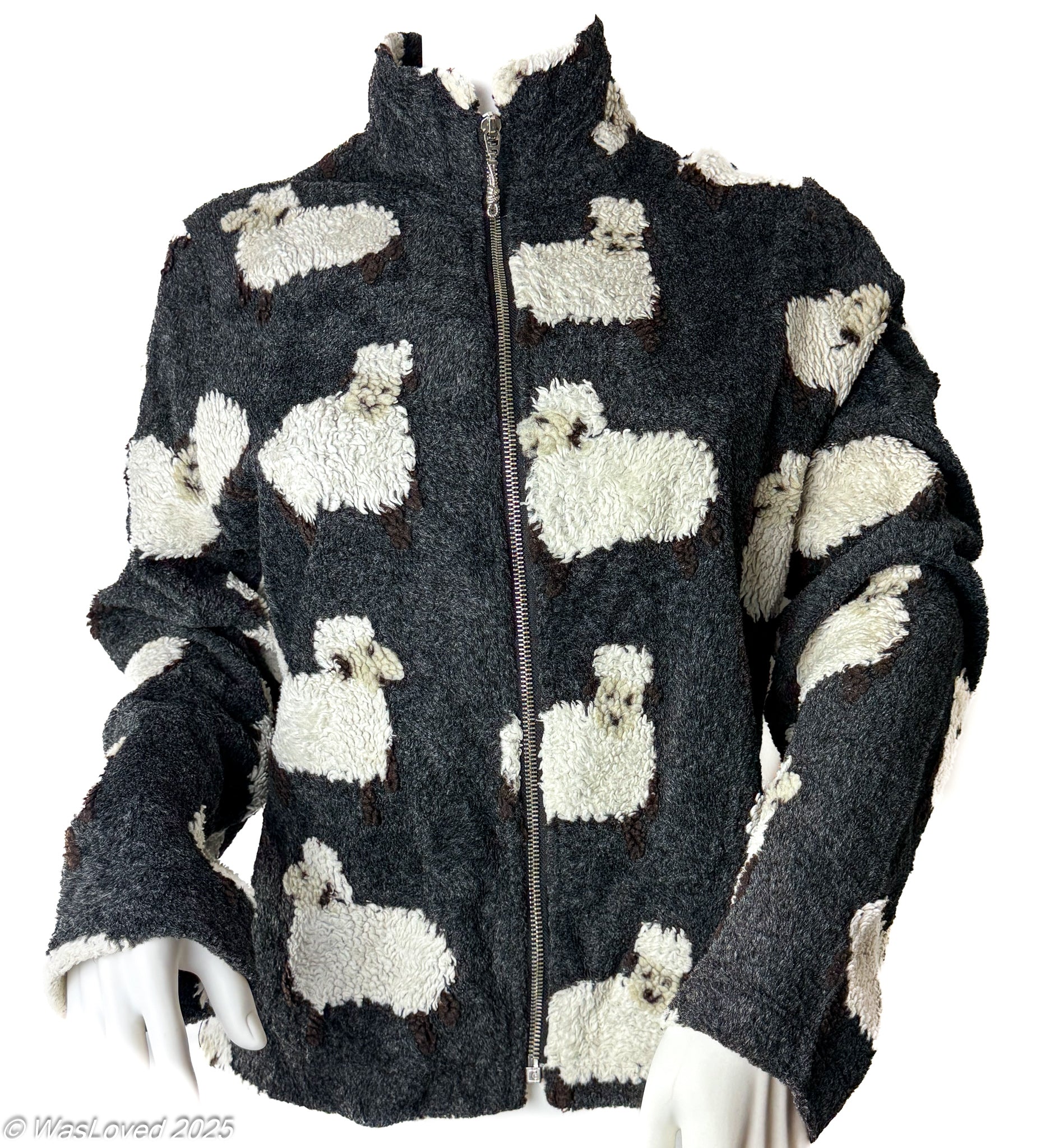 Pre-worn Black Sheep Pattern Fleece Zip Jacket – Unbranded – Polyester – Unisex Size M (recommended based on measurements)