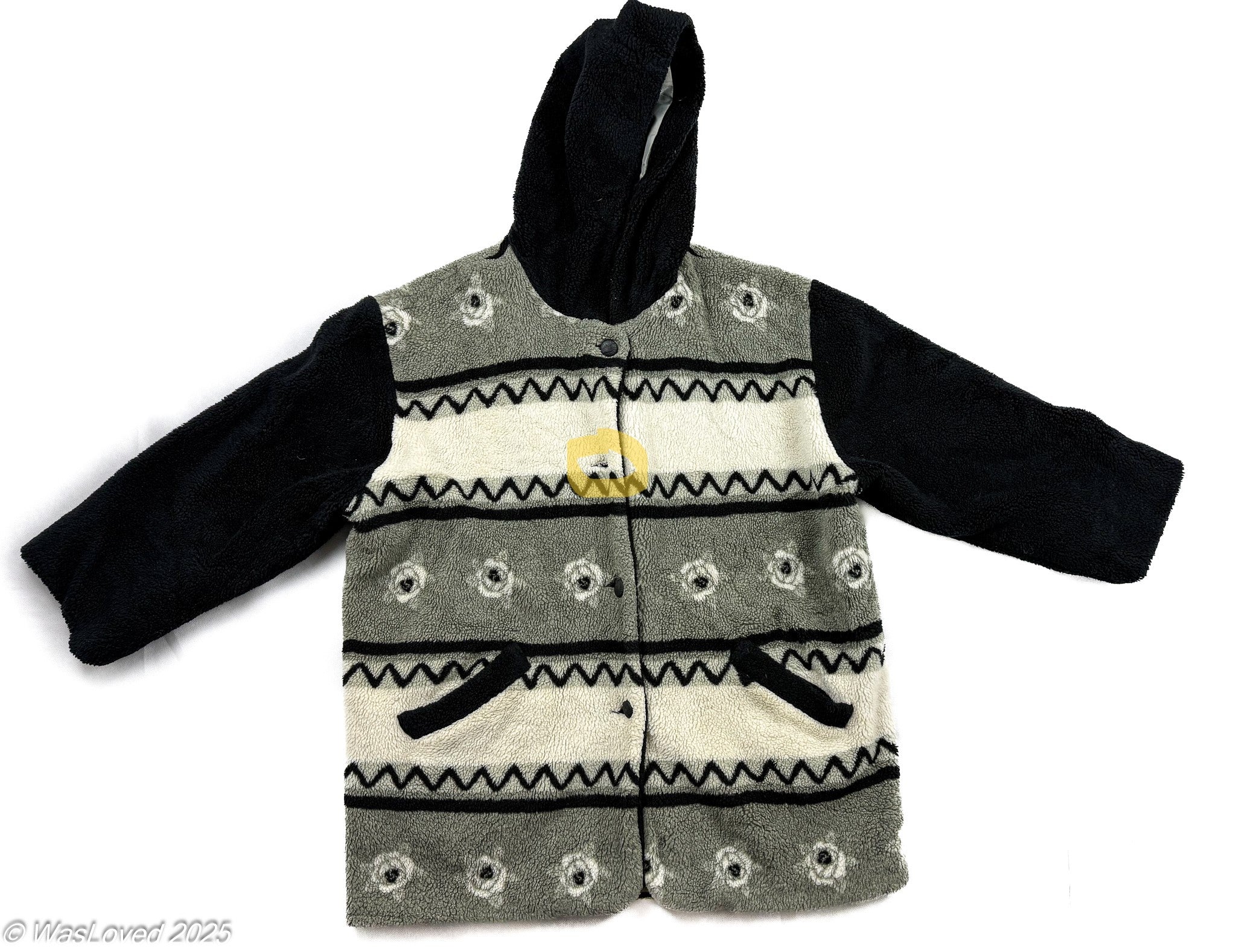 Pre-worn Men’s/Women’s Unisex Heavy Fleece Jacket – Grey/Black Pattern – Unisex 4XL (Based on Measurements). Please read below for condition.