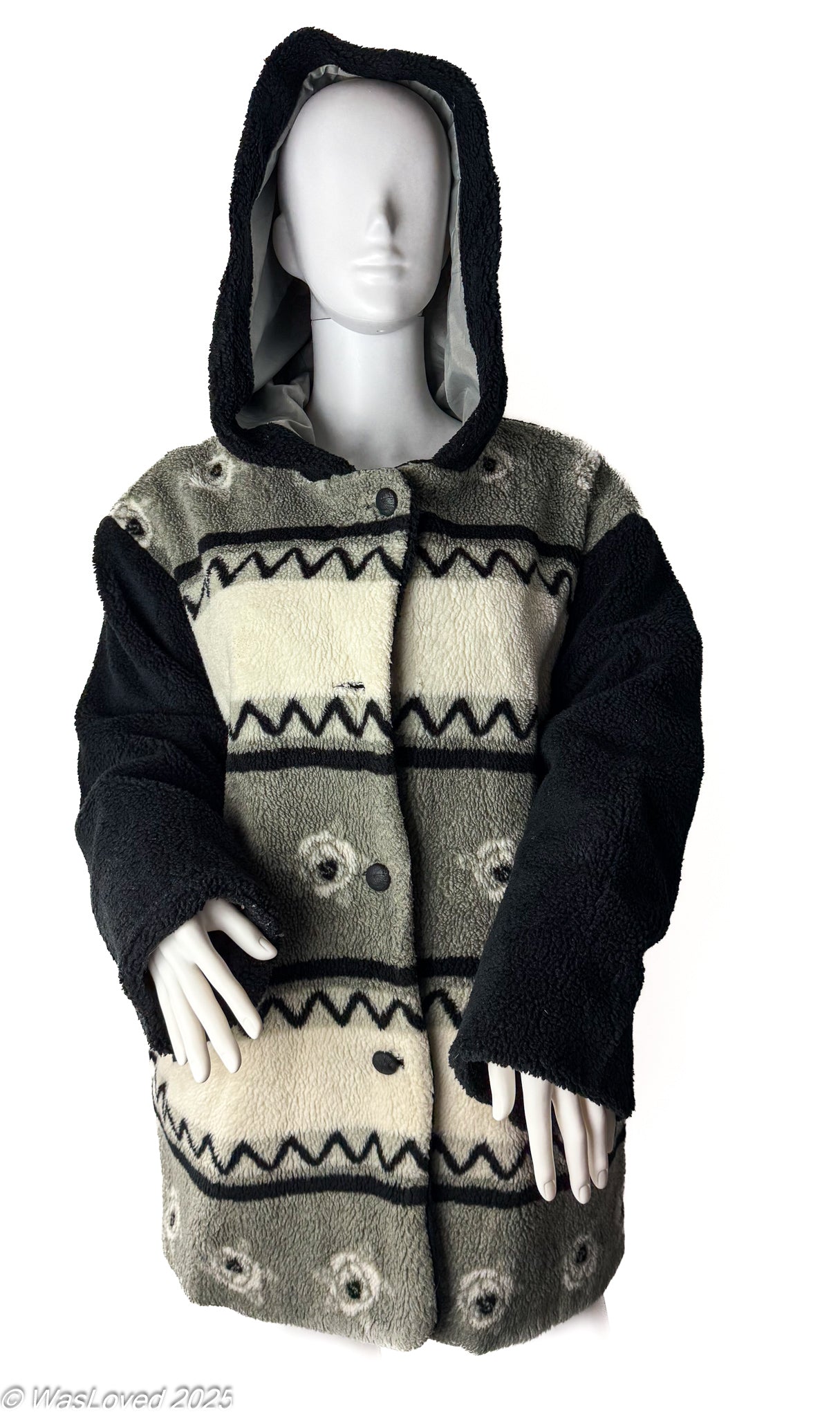 Pre-worn Men’s/Women’s Unisex Heavy Fleece Jacket – Grey/Black Pattern – Unisex 4XL (Based on Measurements). Please read below for condition.