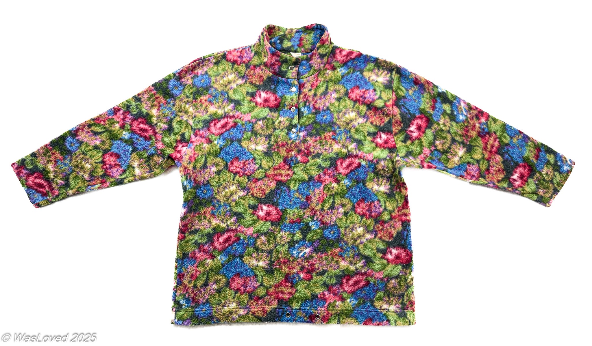 Pre-worn Vintage Floral Fleece Pullover – Bold Multicolour Pattern – Unisex XXL (Based on Measurements)