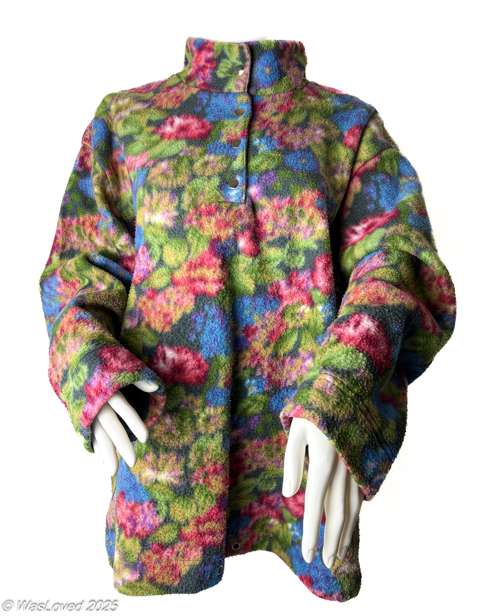Pre-worn Vintage Floral Fleece Pullover – Bold Multicolour Pattern – Unisex XXL (Based on Measurements)
